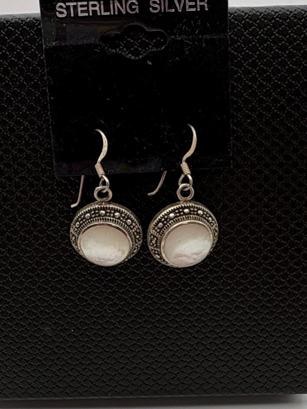 Sterling Silver marcasite mother of pearl Drop Earrings